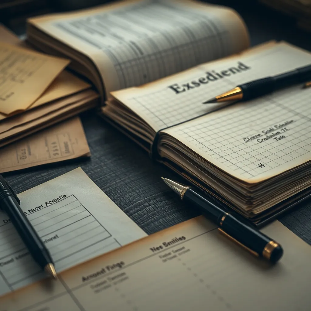 Close-up of old accounting ledgers, vintage ink pens, and ye